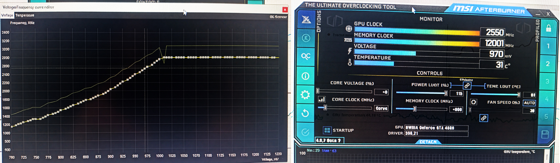 MSI Afterburner voltage/frequency curve editor and overclocking panel used to undervolt an NVIDIA GeForce RTX GPU for quieter, more efficient gaming performance