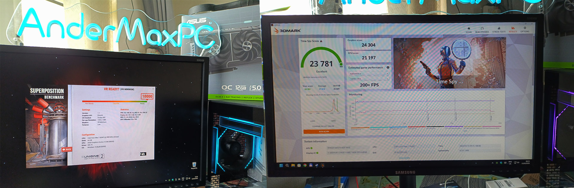 Custom gaming PC on a workshop bench being stress-tested with OCCT, 3DMark and HWiNFO telemetry displayed on nearby monitors