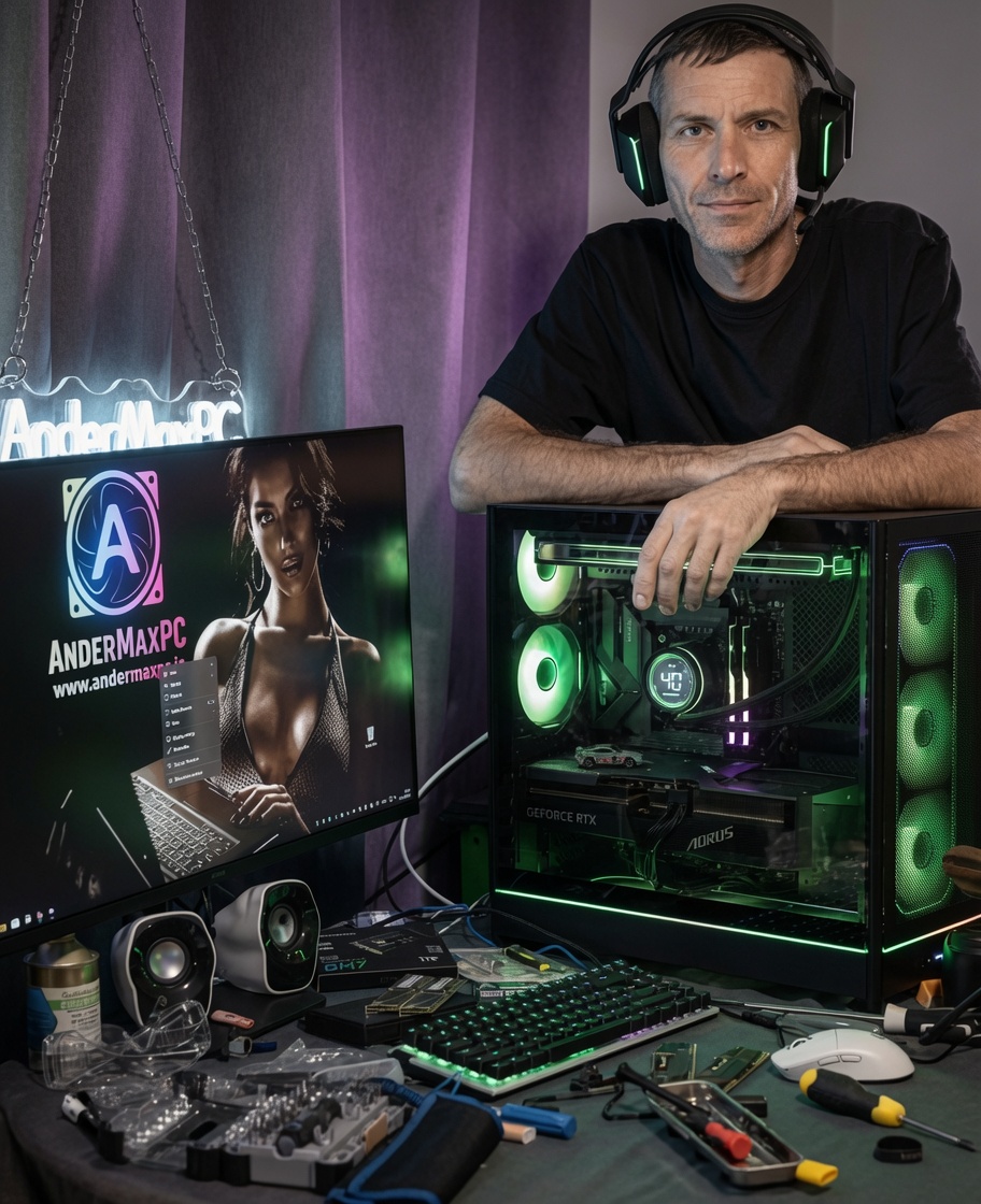Andrew, founder of AnderMaxPC, with a custom gaming PC and professional repair setup