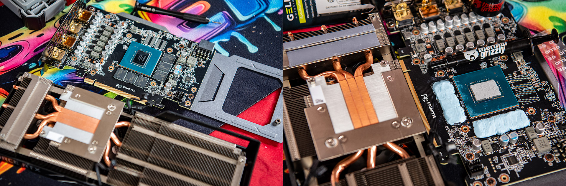 Before and after photograph of a used NVIDIA GeForce RTX graphics card with worn thermal paste and pads on the left and freshly serviced with new premium thermal paste and pink thermal pads on the right