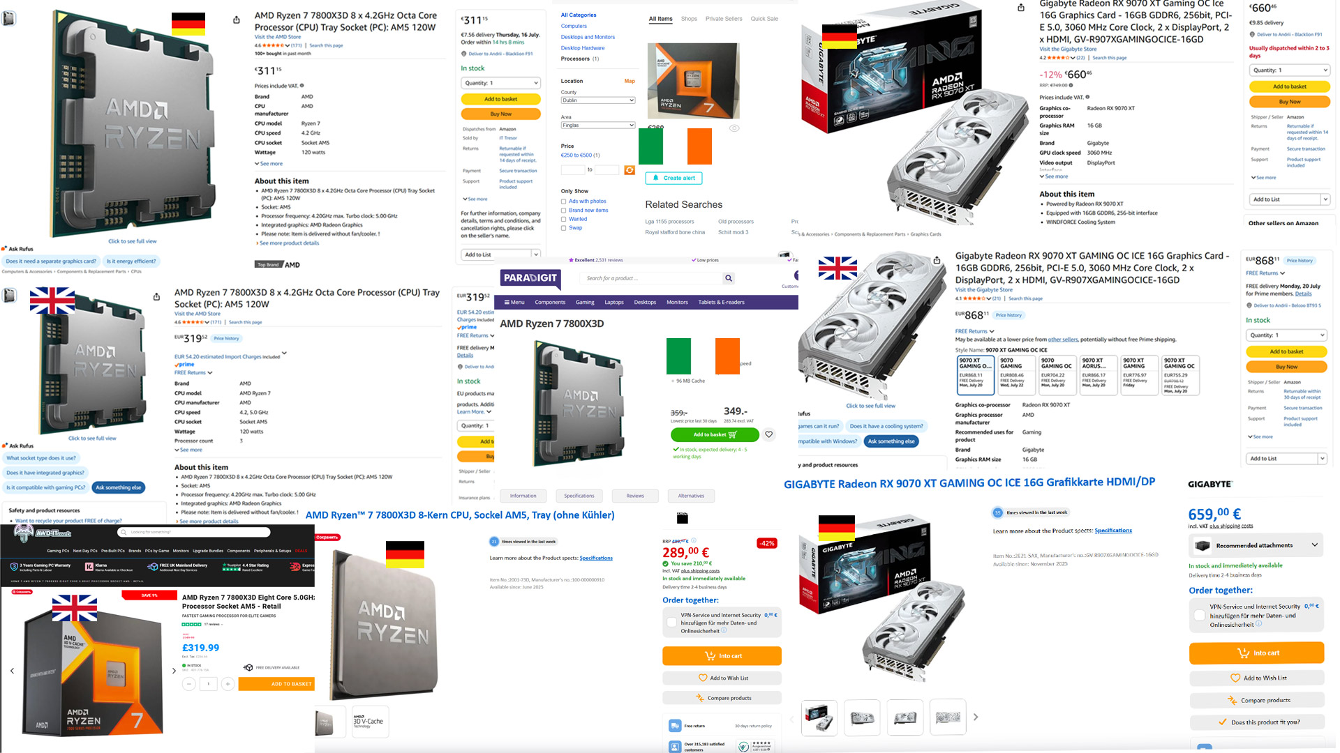 Price comparison of the same PC parts (AMD Ryzen 7 7800X3D and Gigabyte Radeon RX 9070 XT) across Irish, UK and German retailers showing significant price differences